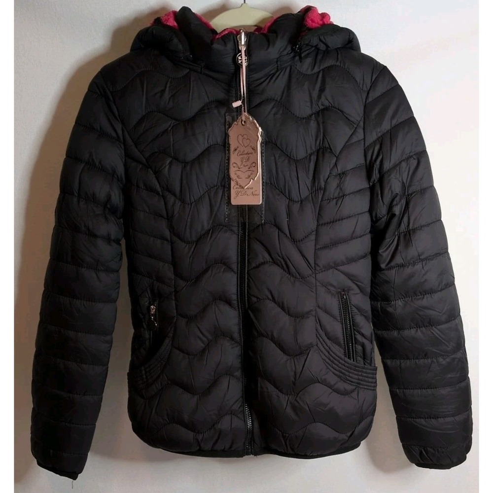 Youth Quilted Puffer Jacket  Black Heart-patterned‎ Fleece Lining Size 14 Black